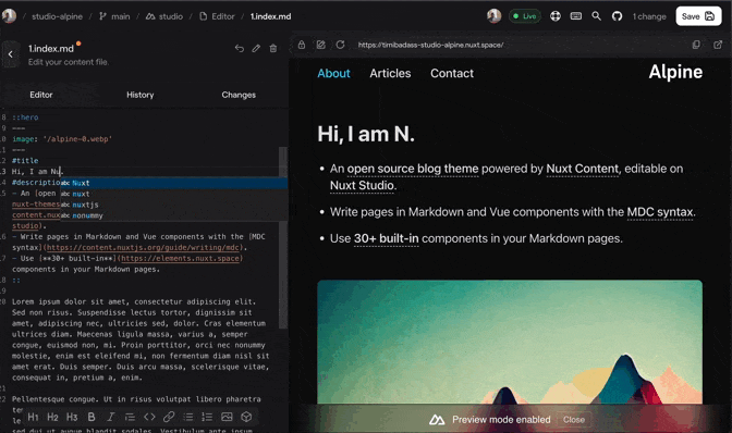 Nuxt Studio Live Editing Preview