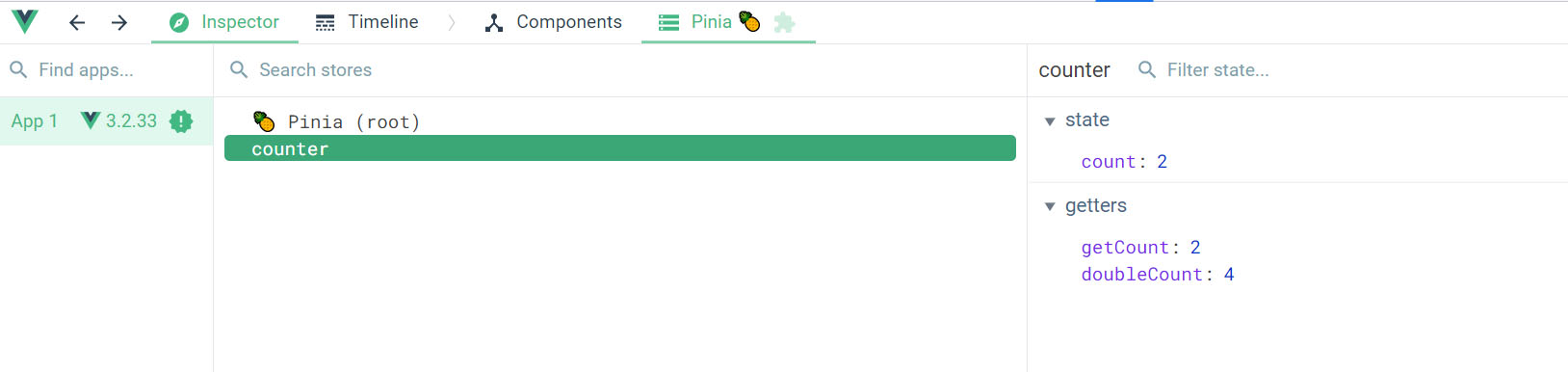 Pinia dev tools in action.