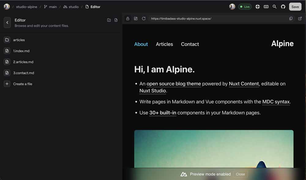 Studio Editor landing page for Alpine Theme
