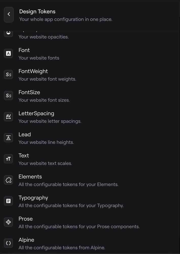 list of design token options