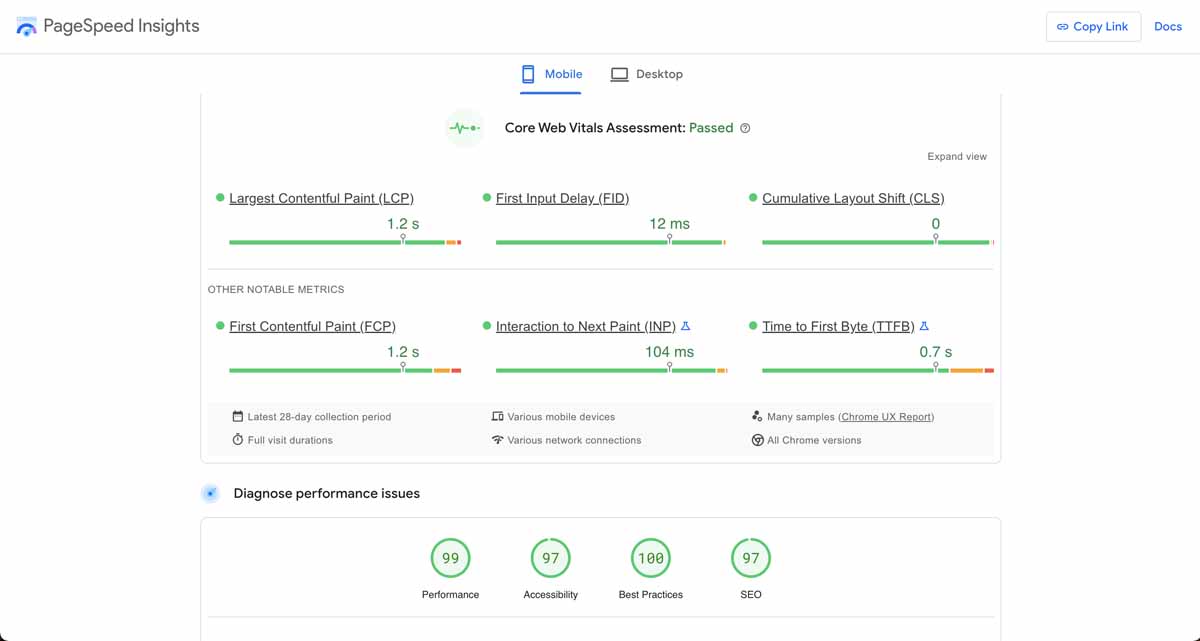 example of page speed insight for a site being measured