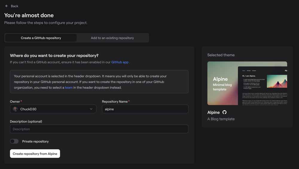 Selected Theme setup page